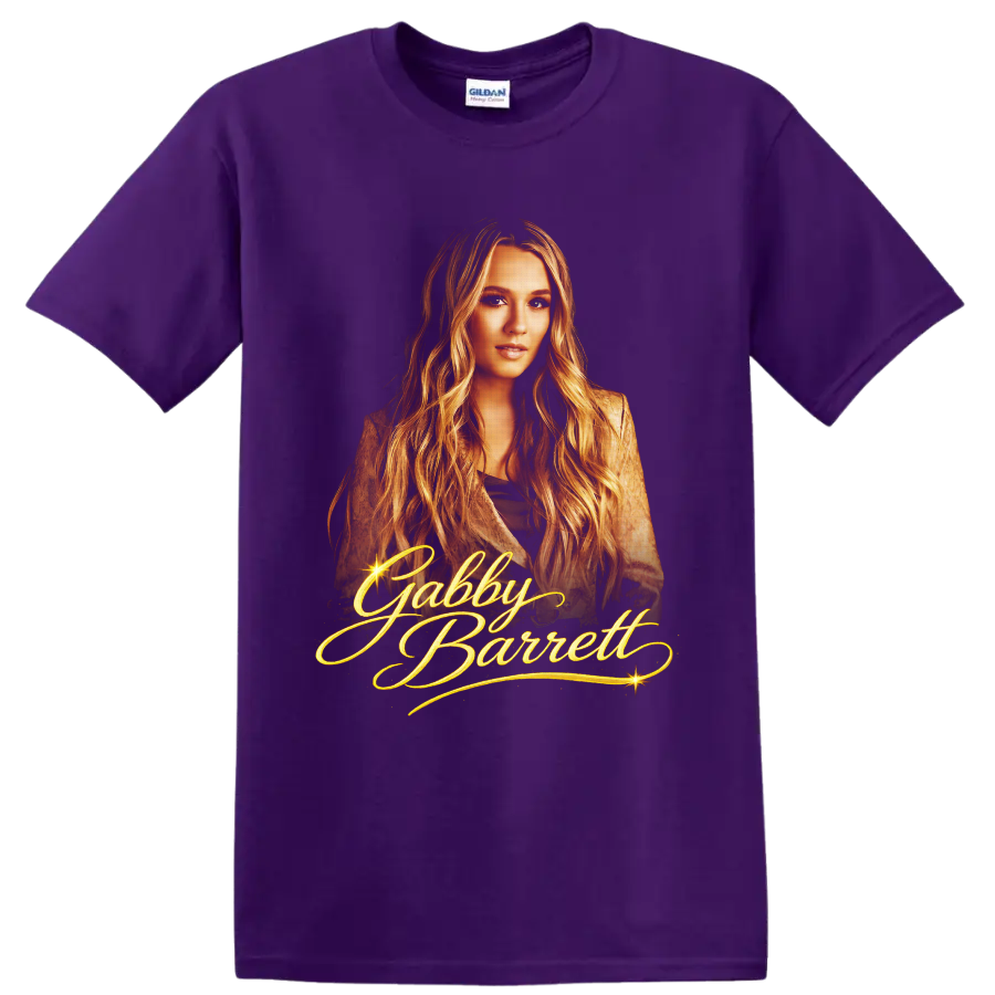 Gabby Barrett golden portrait with ornate script lettering and sparkling starbursts on a Purple T Shirt