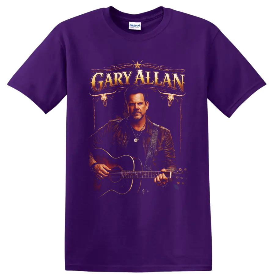 Gary Allan guitar portrait with western lettering, longhorn skulls, and ornate flourishes on a Purple T Shirt