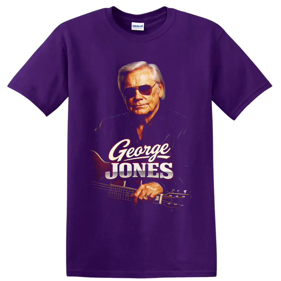 George Jones portrait with sunglasses, guitar, and vintage George Jones lettering on a Purple T Shirt
