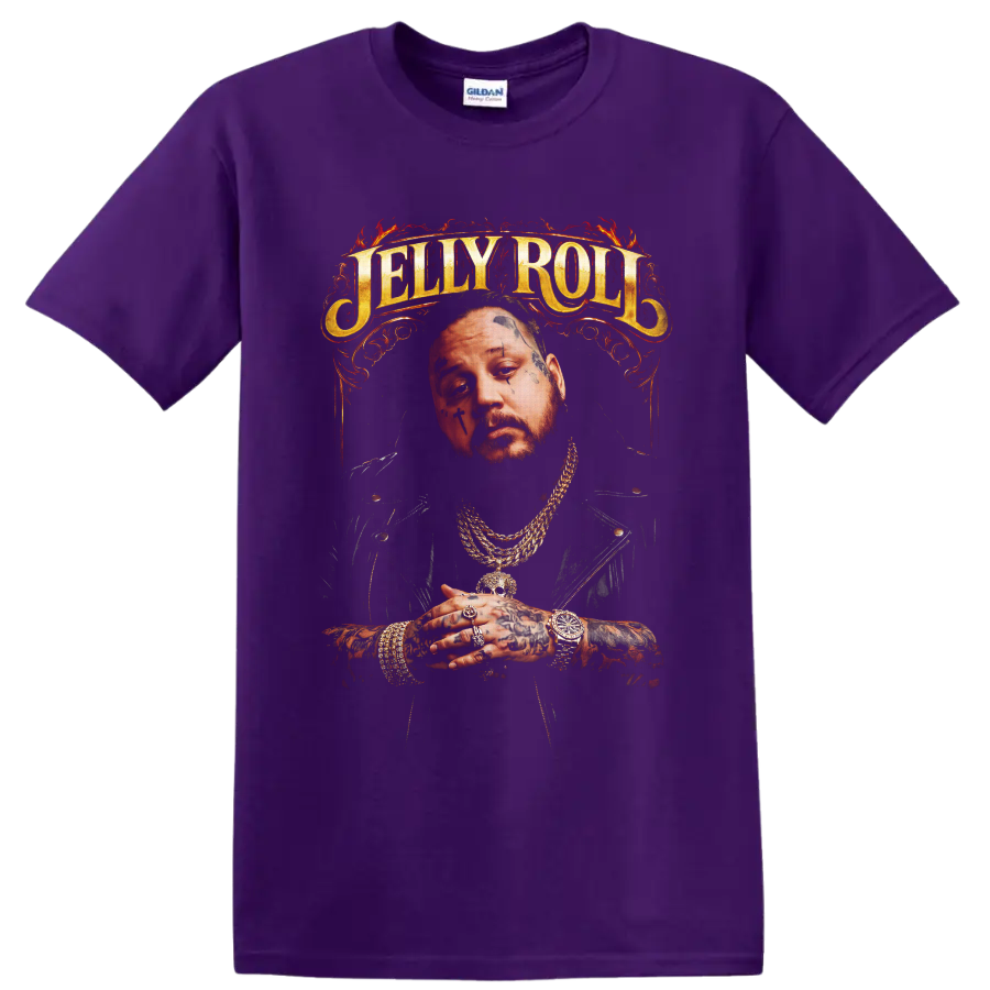 Jelly Roll tattooed portrait with ornate gold lettering and fiery red flourishes on a Purple T Shirt