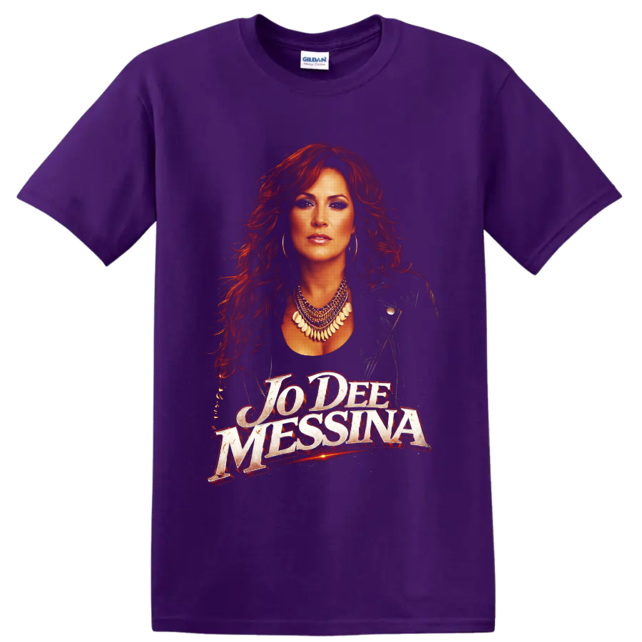 Jo Dee Messina red-haired country singer portrait with distressed name lettering on a Purple T Shirt