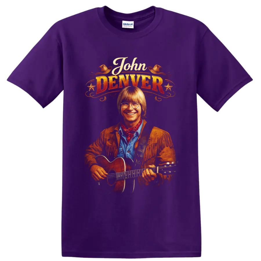 John Denver western portrait with acoustic guitar, cowboy hats, stars, and vintage on a Purple T Shirt
