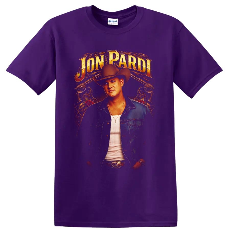 Jon Pardi western portrait with cowboy hat, roses, revolvers, flames, and gold lettering on a Purple T Shirt