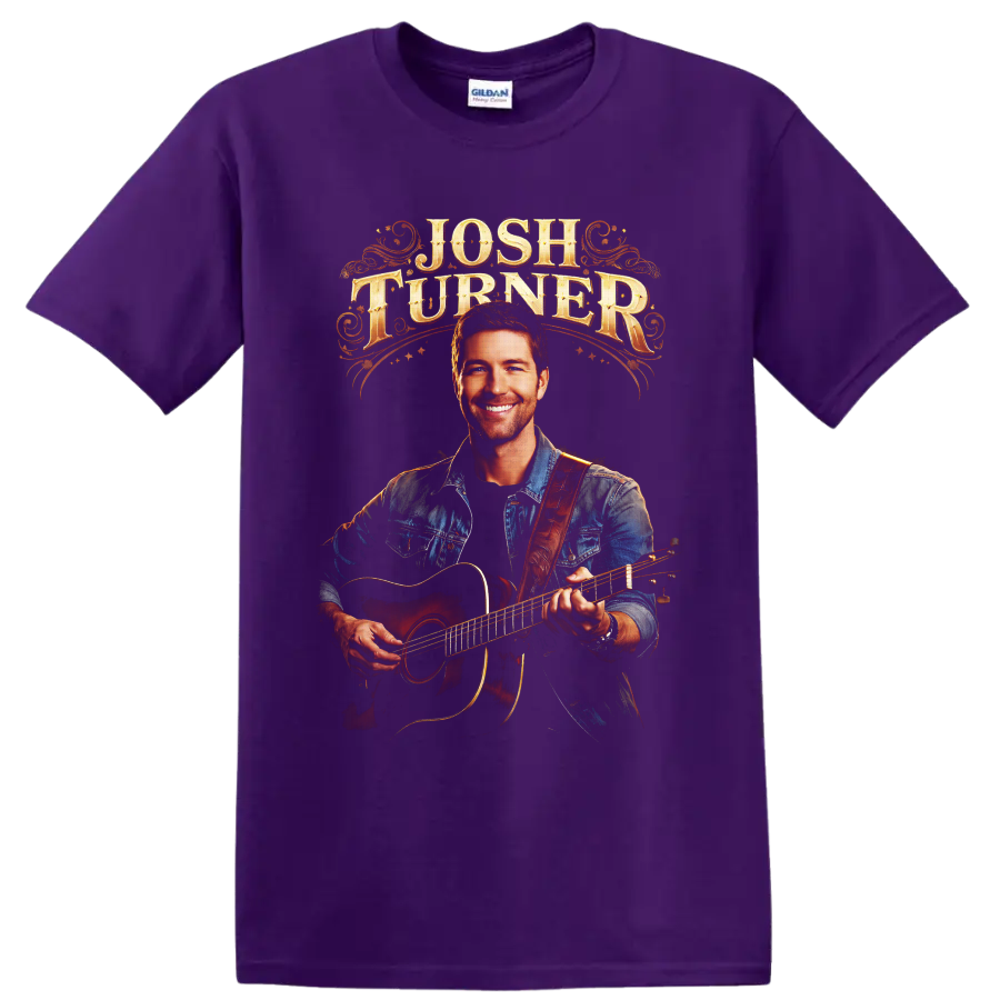 Josh Turner acoustic guitar portrait with ornate western lettering on a Purple T Shirt