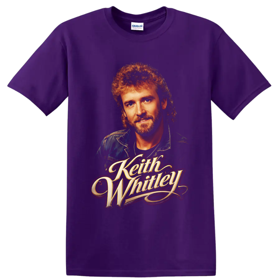 Keith Whitley portrait with ornate gold script in vintage country music poster style on a Purple T Shirt