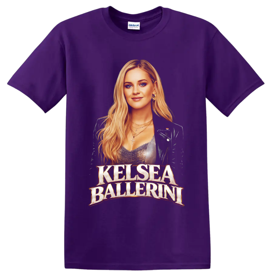 Kelsea Ballerini portrait with warm gold lettering in a concert-inspired graphic style on a Purple T Shirt