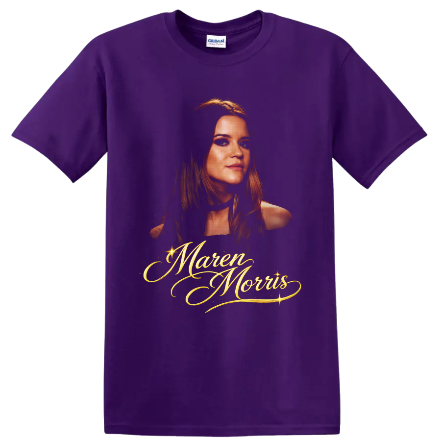 Maren Morris portrait with ornate gold script lettering and sparkling accents on a Purple T Shirt