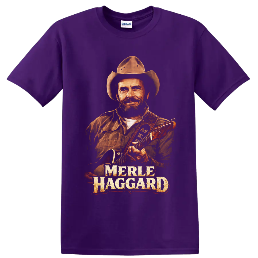 Merle Haggard cowboy hat and guitar portrait with distressed name lettering on a Purple T Shirt