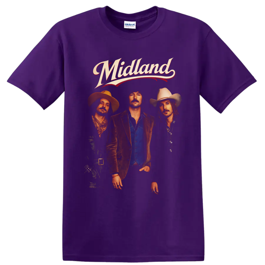 Midland band portrait with cowboy hats and retro western script lettering on a Purple T Shirt
