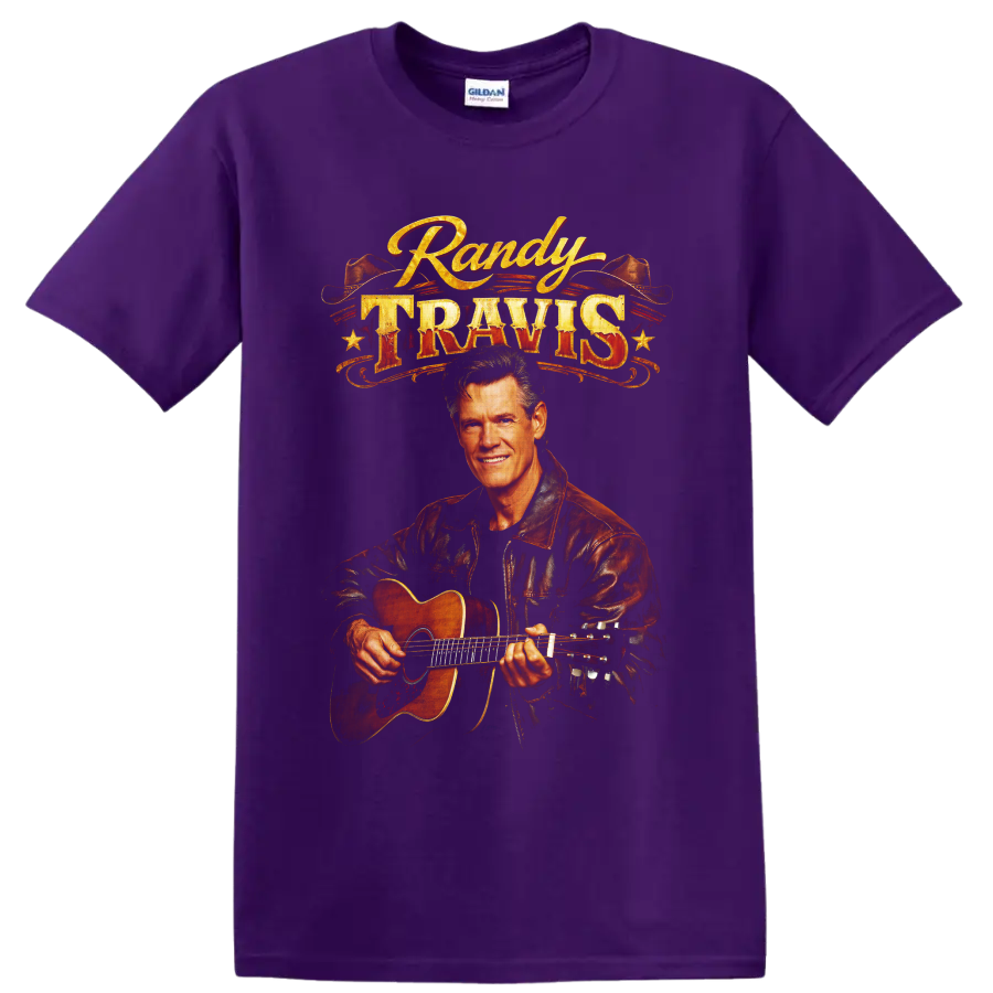 Randy Travis guitar portrait with cowboy hats and distressed western lettering on a Purple T Shirt