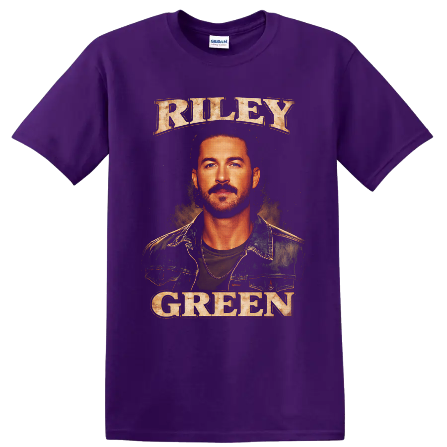 Riley Green portrait with distressed RILEY GREEN lettering in vintage country poster style on a Purple T Shirt