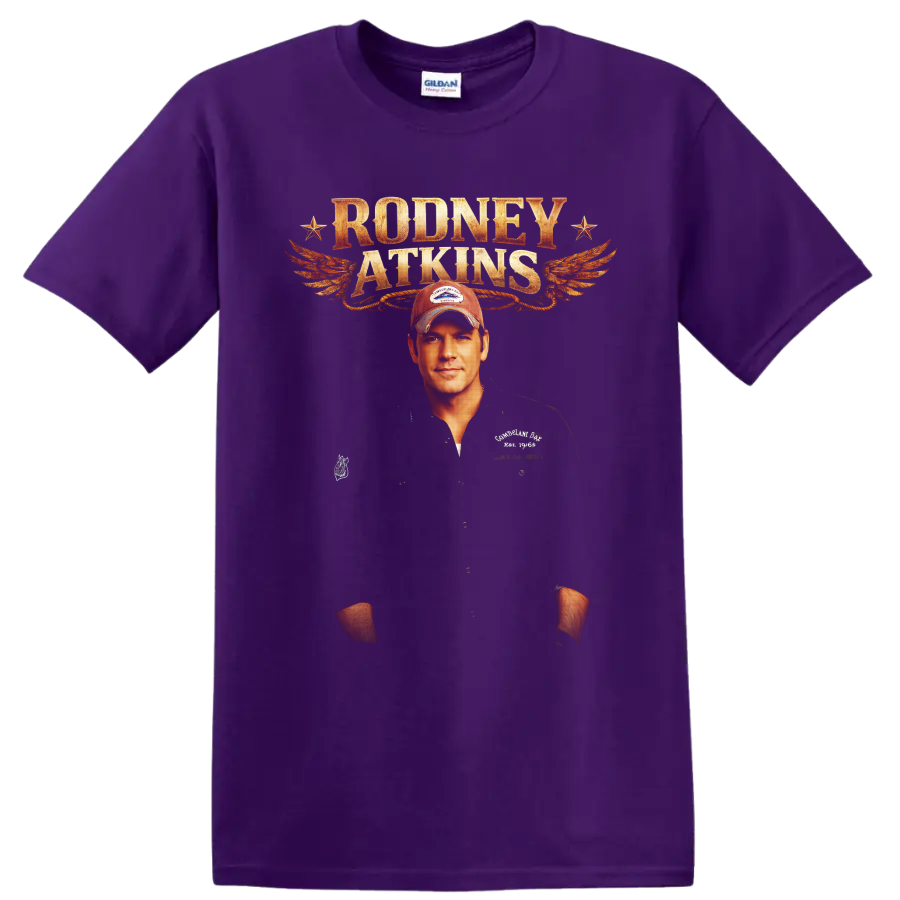 Rodney Atkins portrait with distressed lettering, orange wings, and vintage stars on a Purple T Shirt