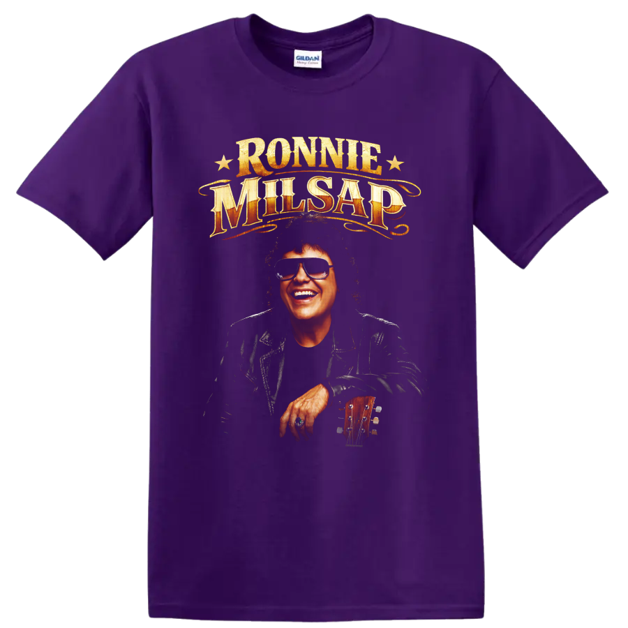 Ronnie Milsap portrait with guitar, gold vintage lettering, and stars on a Purple T Shirt