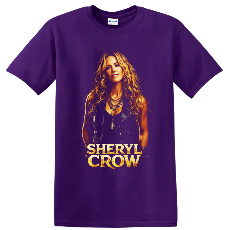 Sheryl Crow portrait with western jewelry, feather pendants, and gold name lettering on a Purple T Shirt