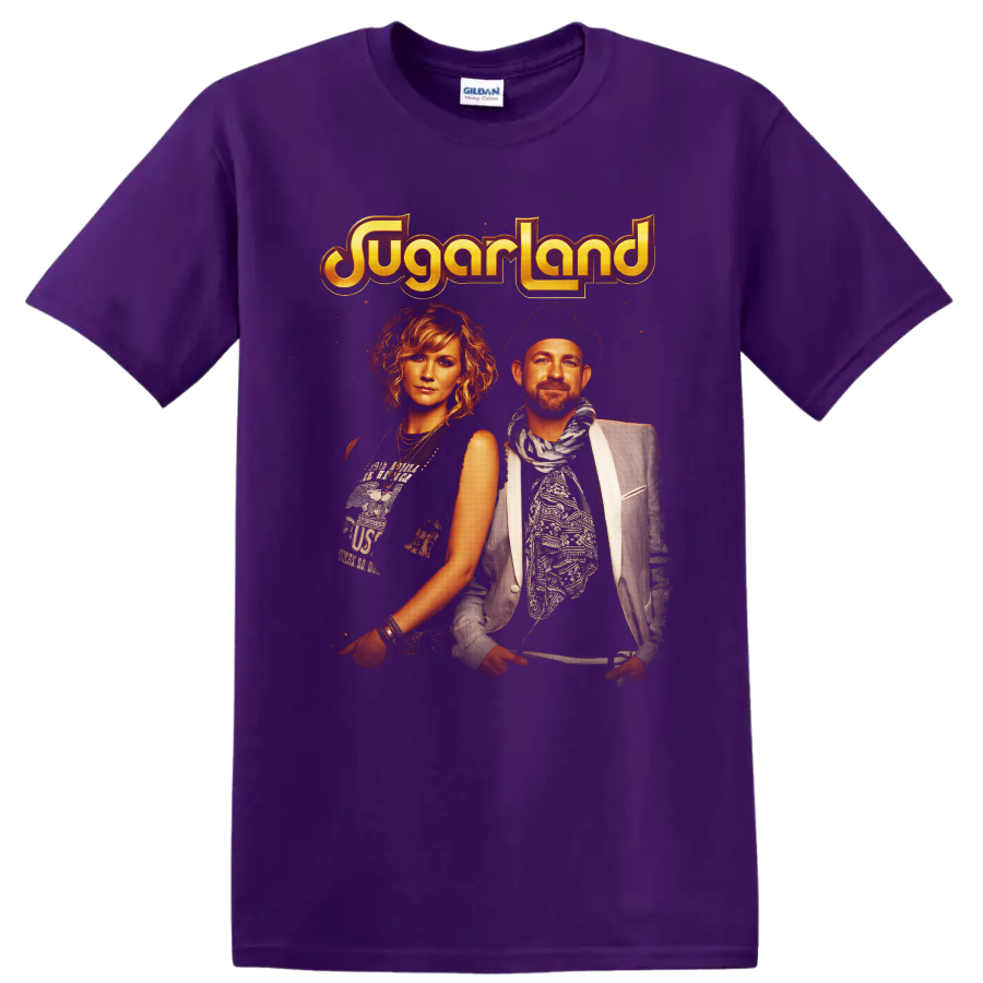 Sugarland duo portraits with distressed golden logo in vintage country concert style on a Purple T Shirt
