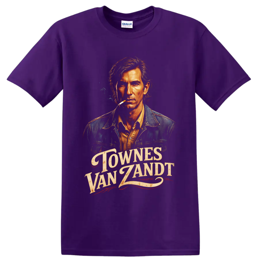Townes Van Zandt portrait with distressed western lettering and smoky vintage folk art on a Purple T Shirt