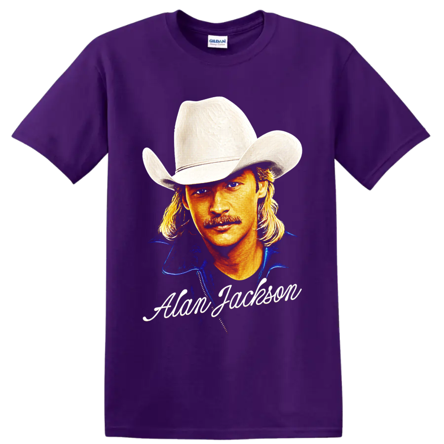 Alan Jackson painted cowboy hat portrait with signature-style lettering on a Purple T Shirt