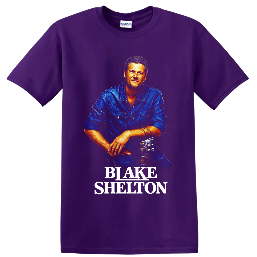 Blake Shelton painterly country singer portrait with acoustic guitar and name lettering on a Purple T Shirt