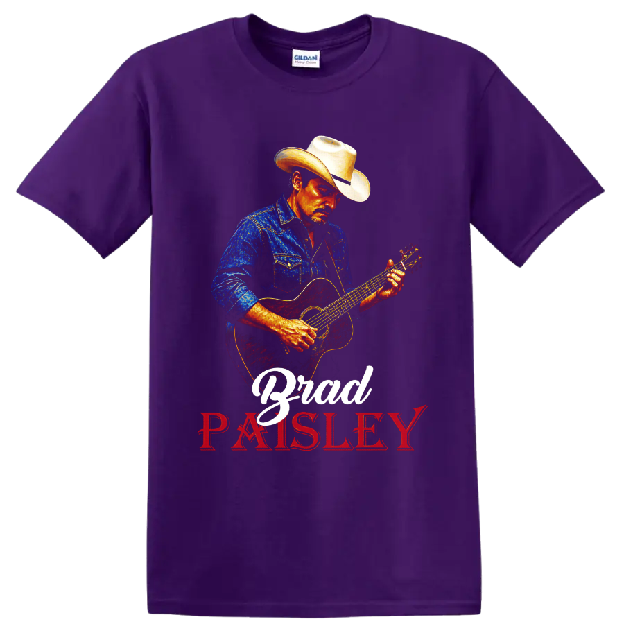 Brad Paisley cowboy-hatted guitarist in vivid western art with acoustic guitar lettering on a Purple T Shirt