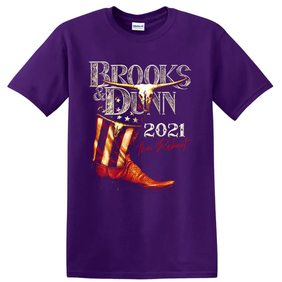 Brooks & Dunn The Reboot 2021 western cowboy boot, longhorn skull, and stars graphic on a Purple T Shirt