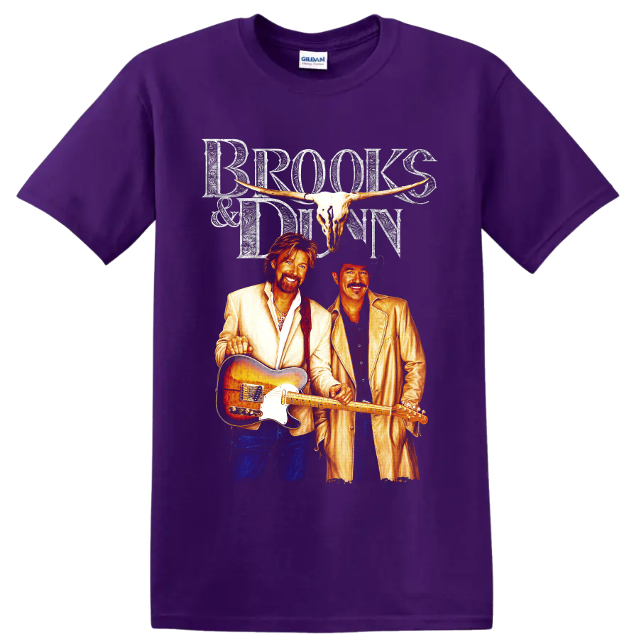 Brooks & Dunn western concert art with longhorn skull, guitar, and ornate lettering on a Purple T Shirt