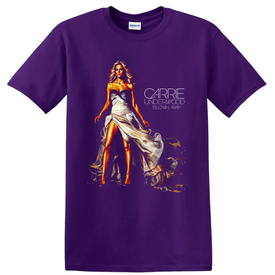 Carrie Underwood in a flowing ivory gown with glowing golden concert portrait art on a Purple T Shirt