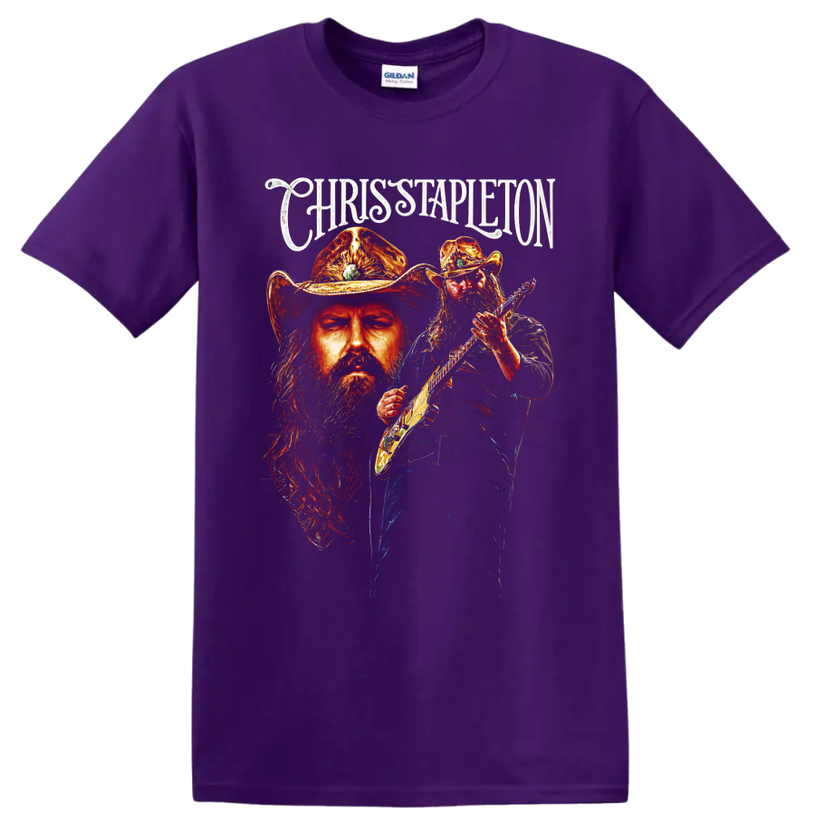 Chris Stapleton painted guitarist portrait in a western hat with ornate name lettering on a Purple T Shirt
