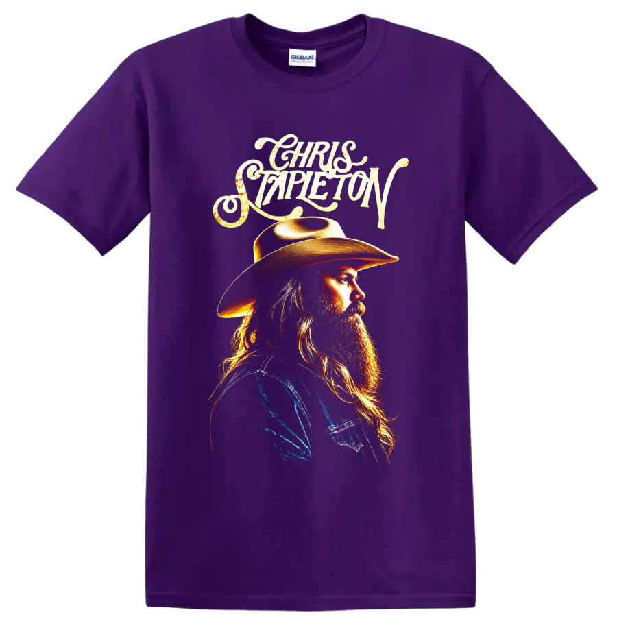 Chris Stapleton cowboy hat portrait with ornate script and golden country music artwork on a Purple T Shirt
