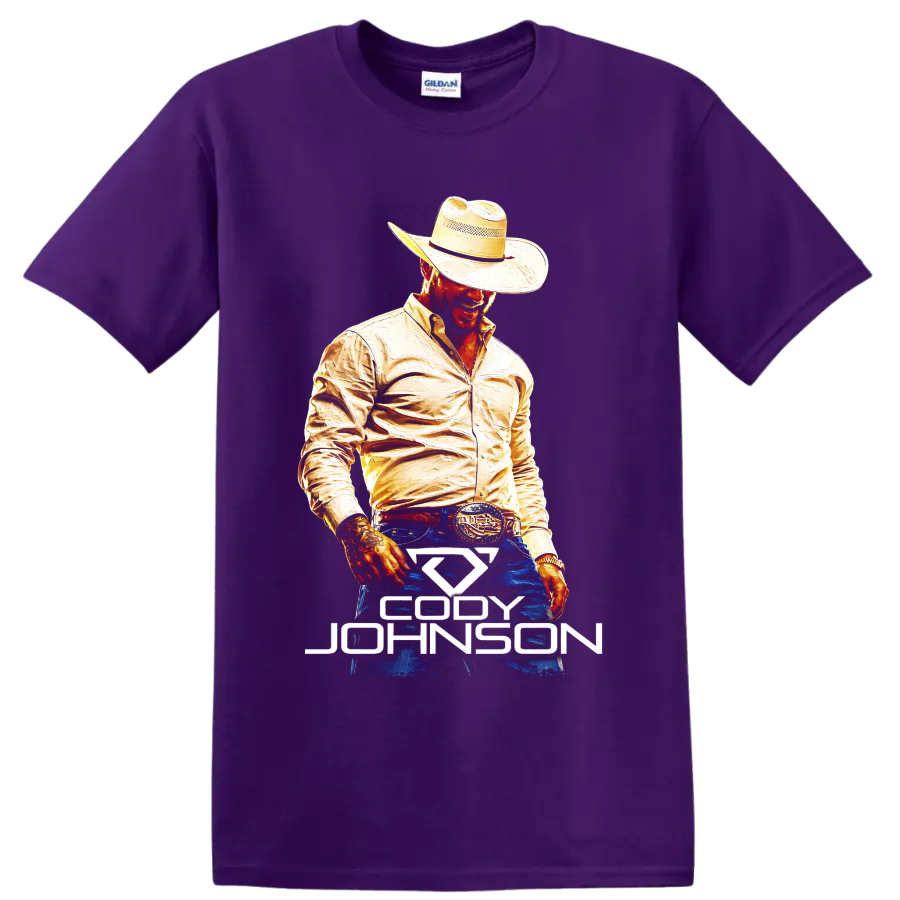 Cody Johnson painted country singer portrait in cowboy hat with Western name graphic on a Purple T Shirt