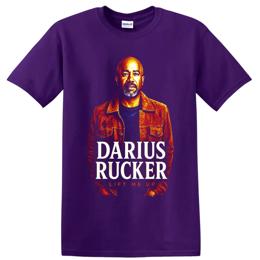 Darius Rucker painted portrait with DARIUS RUCKER and LIFT ME UP text on a Purple T Shirt