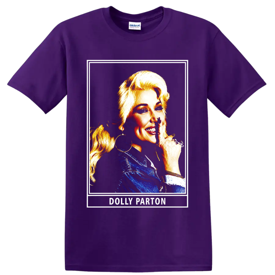 Dolly Parton portrait in blue outfit with gold highlights and framed retro artwork on a Purple T Shirt