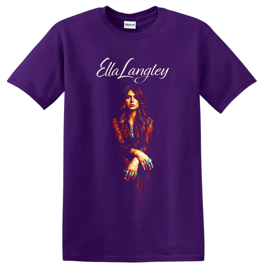 Ella Langley portrait in fiery western style with white script and turquoise jewelry on a Purple T Shirt