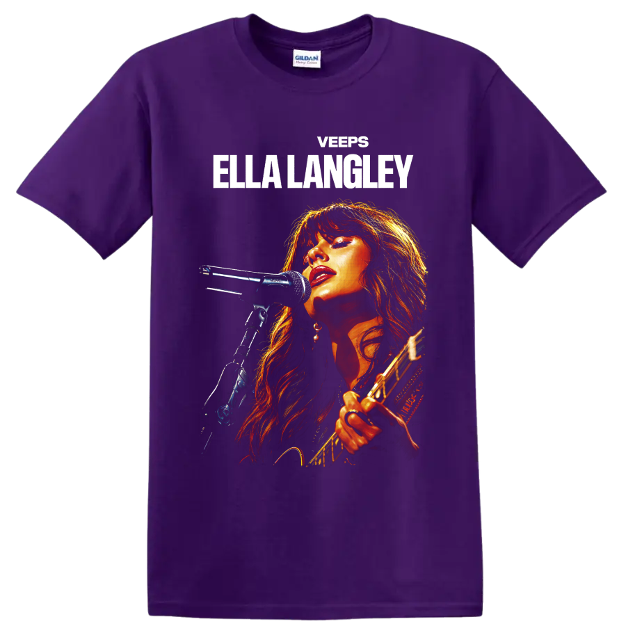 Ella Langley live country singer portrait with microphone, guitar, and bold name text on a Purple T Shirt