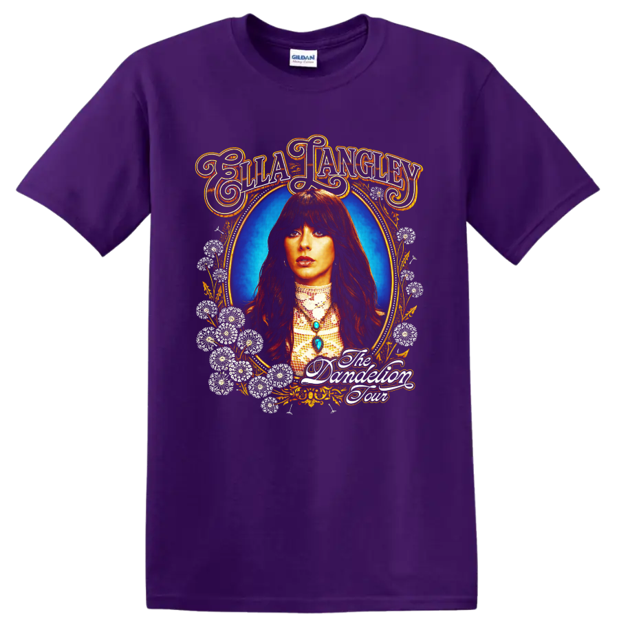 Ella Langley portrait with floral Western frame and The Damnation Tour lettering on a Purple T Shirt