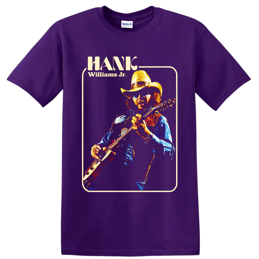 Hank Williams Jr retro portrait playing electric guitar in cowboy hat and sunglasses on a Purple T Shirt