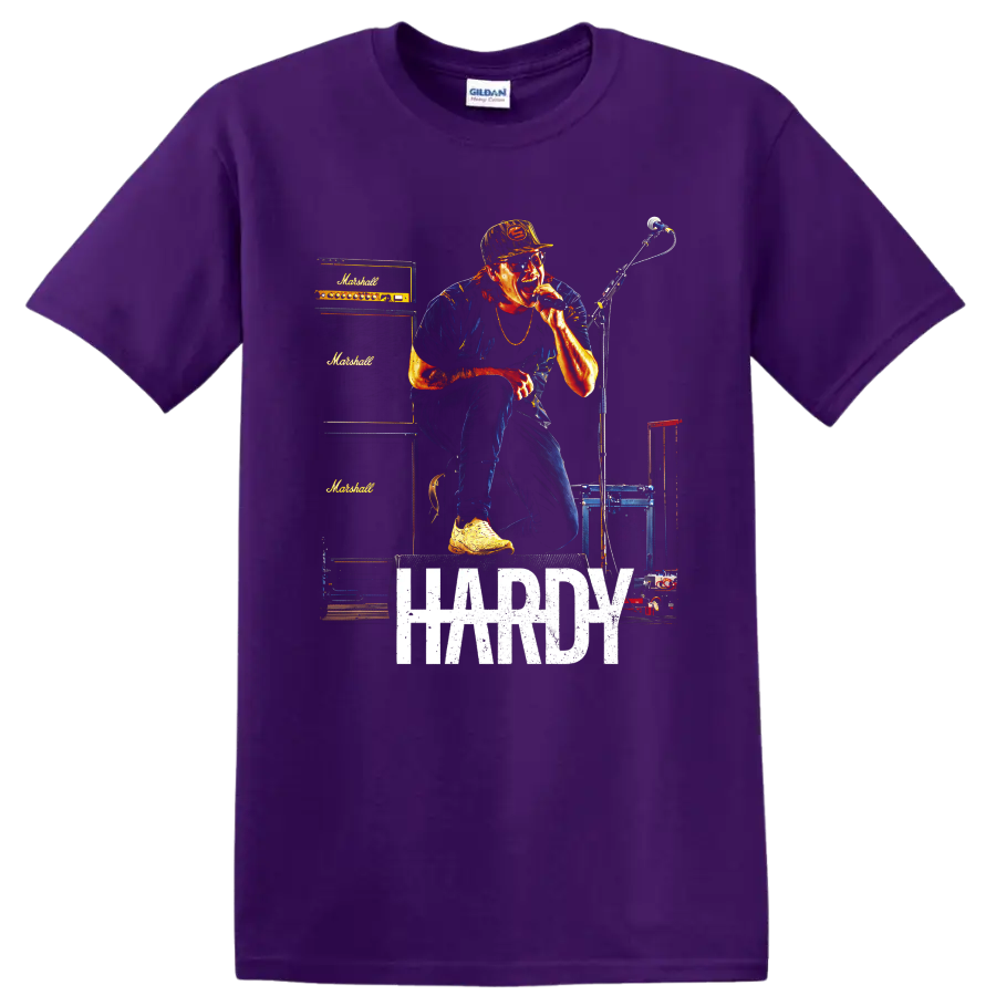 HARDY live concert singer graphic with microphone, amplifiers, and distressed lettering on a Purple T Shirt
