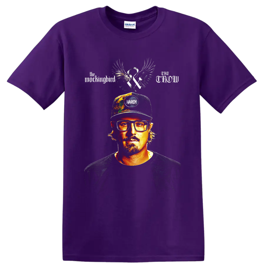 HARDY portrait with wings, ribbon, cap, and distressed country music artwork on a Purple T Shirt
