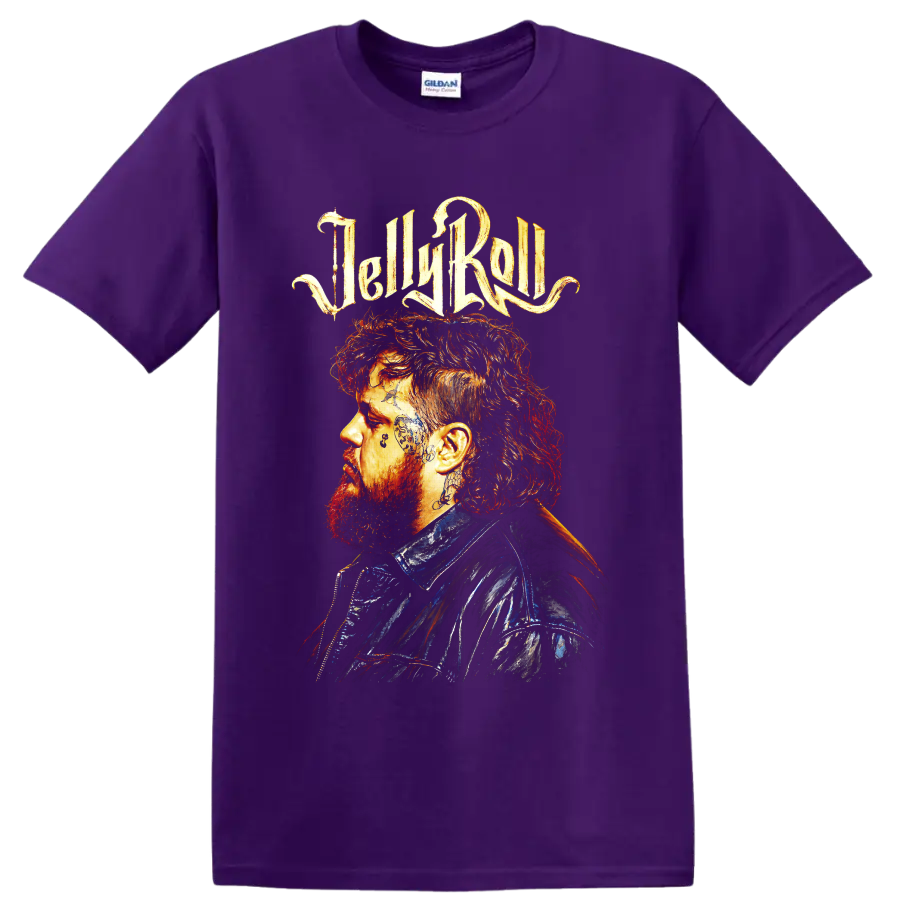 Jelly Roll side-profile portrait with tattoo details and fiery painted lettering on a Purple T Shirt