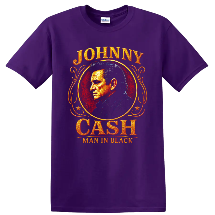 Johnny Cash Man in Black portrait with red medallion and ornate western lettering on a Purple T Shirt