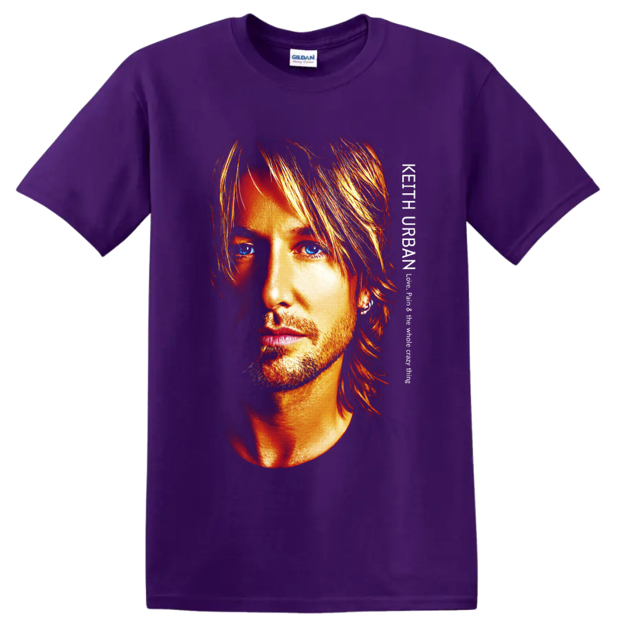 Keith Urban close-up portrait in fiery high-contrast art with striking blue eyes on a Purple T Shirt