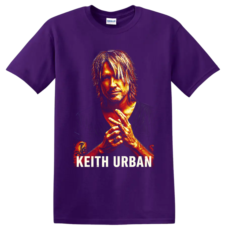 Fiery painted Keith Urban portrait with clasped hands and distressed KEITH URBAN text on a Purple T Shirt
