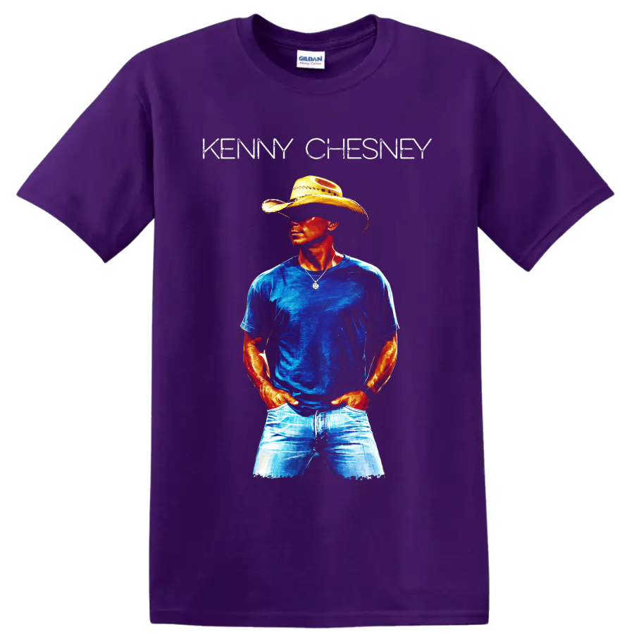 Kenny Chesney cowboy hat portrait in vivid blue and orange painterly country music art on a Purple T Shirt