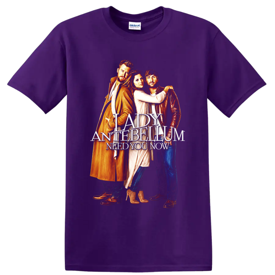 Lady Antebellum trio portrait with Need You Now layered country music lettering on a Purple T Shirt