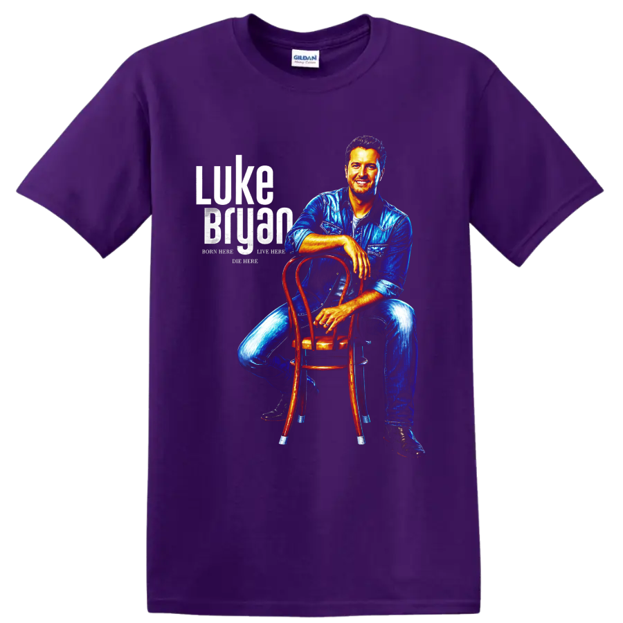 Luke Bryan portrait in blue denim seated on a wooden chair with distressed lettering on a Purple T Shirt