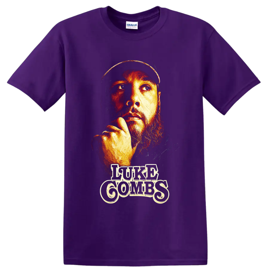Luke Combs painted portrait with fiery split lighting and decorative lettering on a Purple T Shirt