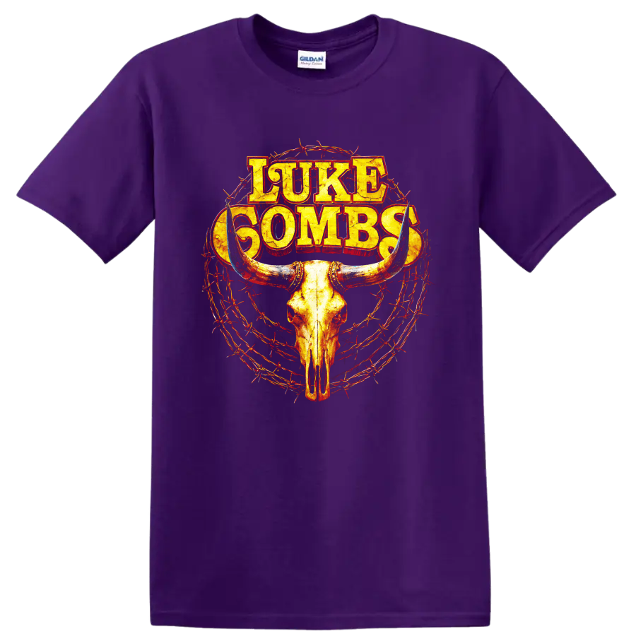 Luke Combs distressed lettering with longhorn skull and barbed wire western graphic on a Purple T Shirt