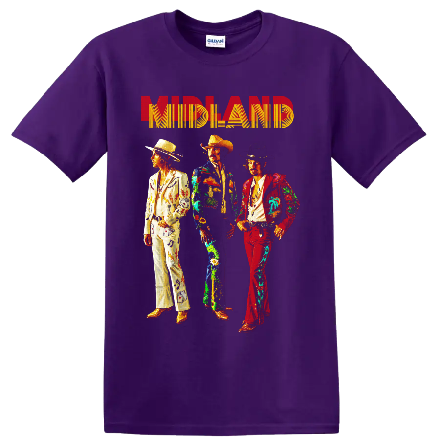 Midland country trio in colorful western suits beneath retro MIDLAND lettering on a Purple T Shirt