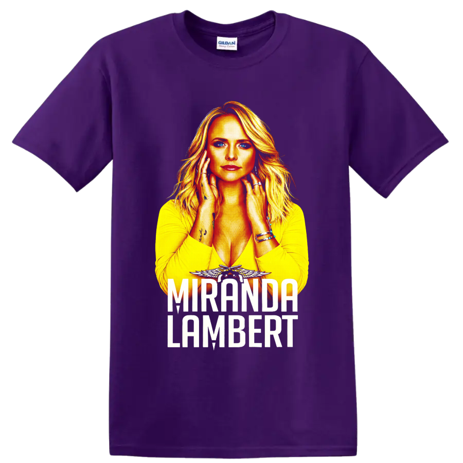 Miranda Lambert portrait with fiery gold artwork, winged accent, and bold name lettering on a Purple T Shirt