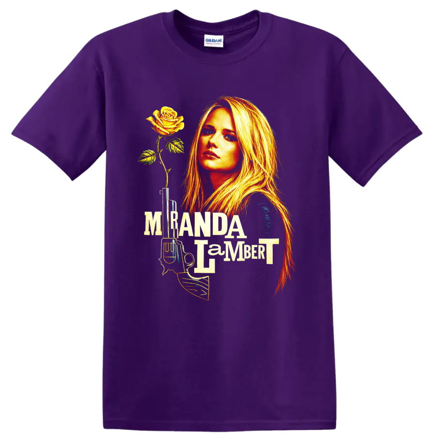 Miranda Lambert portrait with yellow rose, vintage microphone, and bold layered lettering on a Purple T Shirt