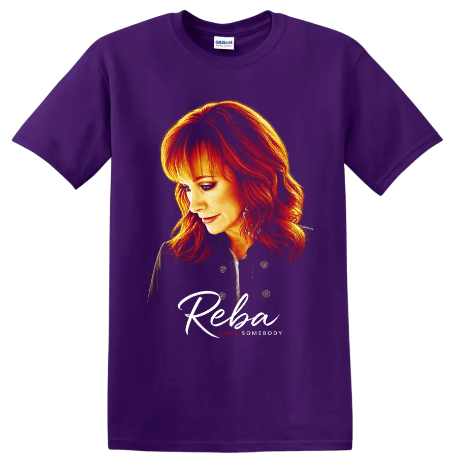 Reba McEntire fiery red hair portrait with script Reba and Love Somebody text on a Purple T Shirt
